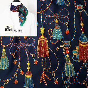 TIE RACK Art of the Scarf Polyester Blue Green Red Tassel Rope Design Square
